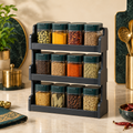 Stackable spice rack with jars on kitchen counter