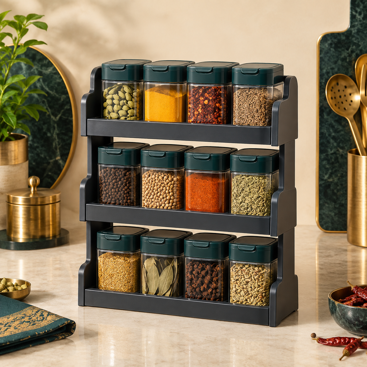 Stackable spice rack with jars on kitchen counter
